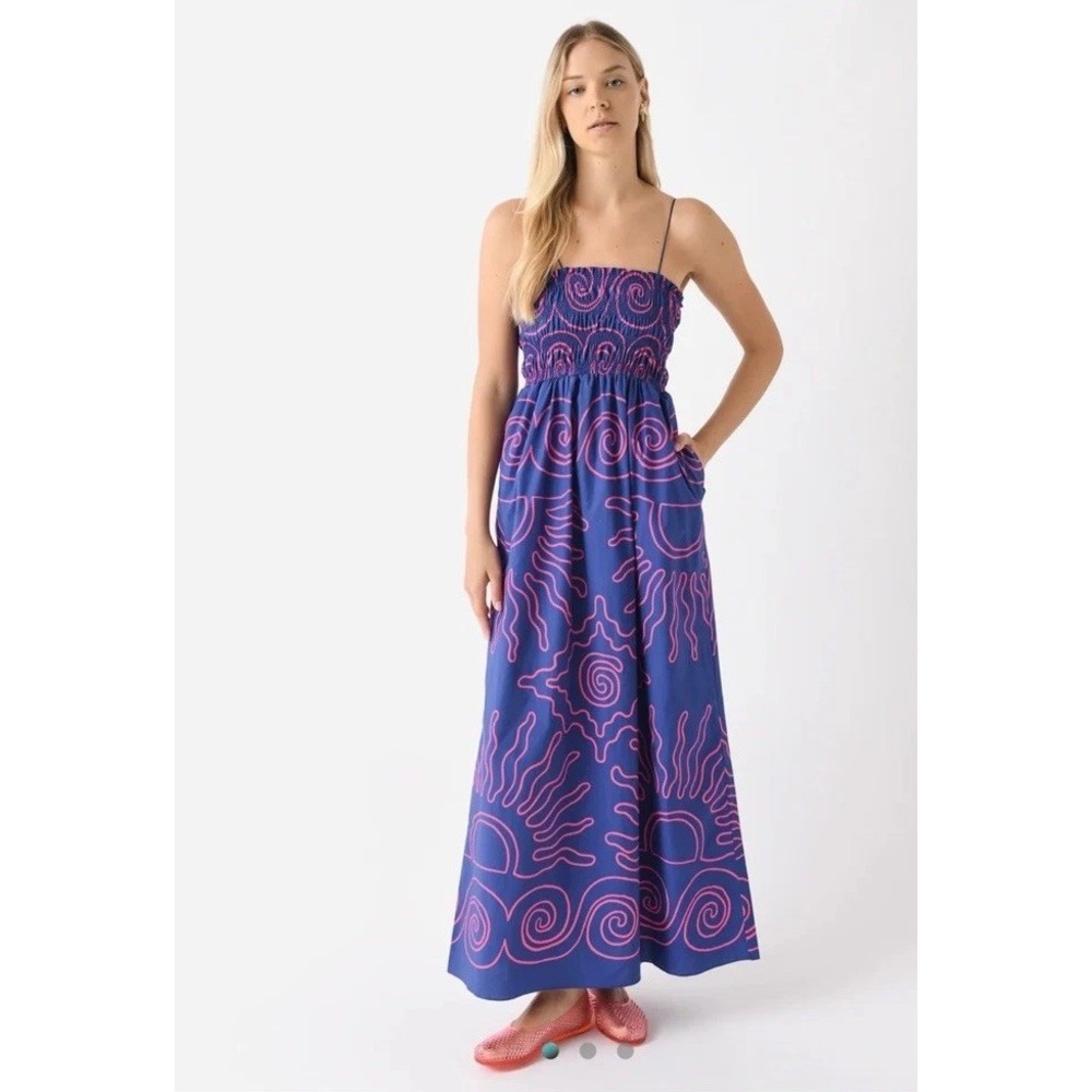 Cala de la Cruz Ossane Blue Pink Maxi Dress Womens Small Smocked Organic Cotton